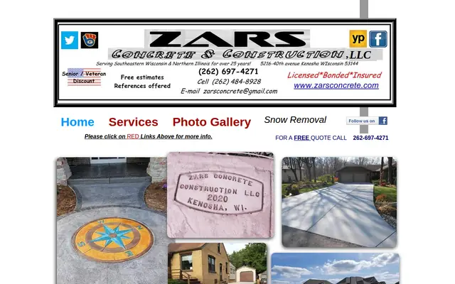 Screenshot of the Zars Concrete Construction LLC homepage as it appeared on 2026-09-08, captured at desktop width.