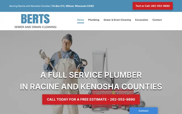 Screenshot of the Berts Sewer and Drain Cleaning homepage as it appeared on 2026-09-08, captured at desktop width.