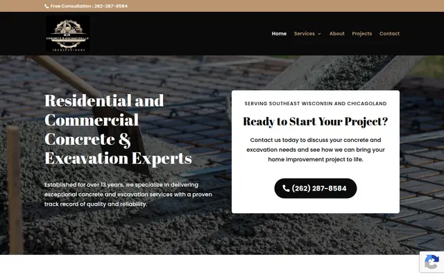 Screenshot of the MJR Concrete & Excavation homepage as it appeared on 2026-09-08, captured at desktop width.