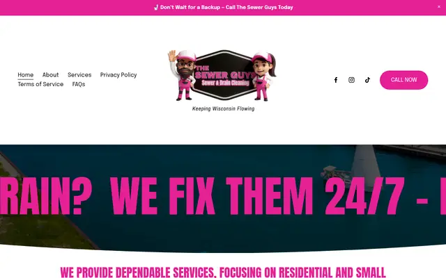Screenshot of the The Sewer Guys, LLC homepage as it appeared on 2026-09-08, captured at desktop width.