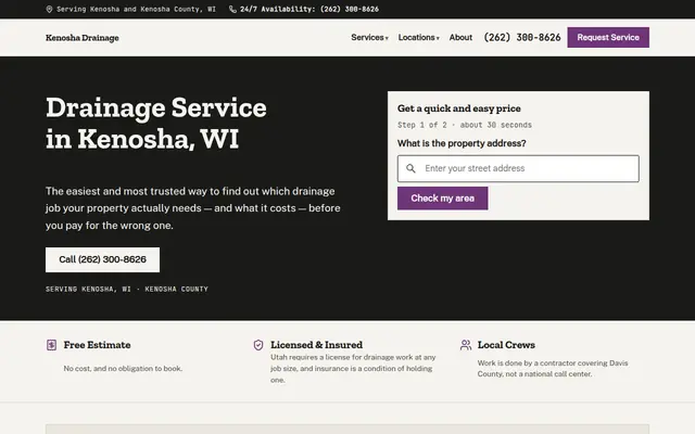 Screenshot of the Kenosha Drainage homepage: the headline, a short form asking for a property address, and a panel reading the current local rainfall.