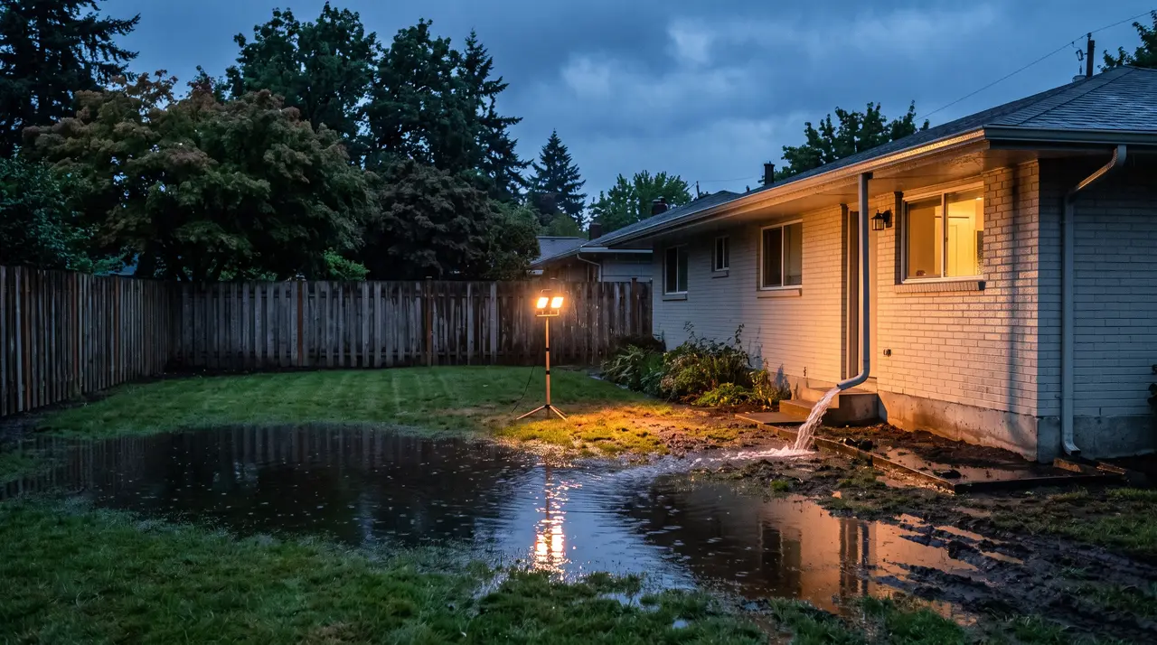 A suburban back yard the morning after heavy rain, with a wide sheet of standing water lying across a low corner of the lawn and a downspout discharging onto saturated ground close to the house.