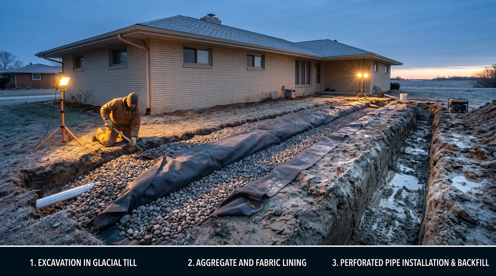 Four photographs of the same trench in sequence: open cut, stone bed, perforated pipe laid in the stone, then stone filled level to the surface.
