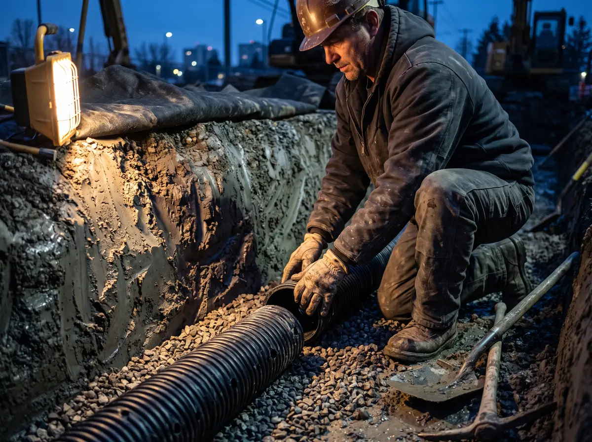 A worker kneeling at the edge of an open trench, seating perforated pipe into a bed of washed stone with both hands.